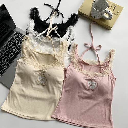 粉色挂脖吊带背心女春季带胸垫蕾丝花边内搭打底外穿短款辣妹上衣