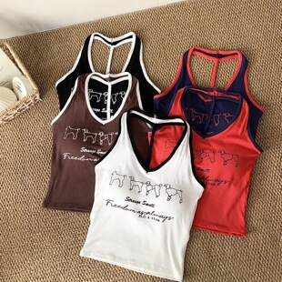 吊带上衣女装 内搭外穿V领短款 带胸垫小熊挂脖背心春季 辣舞家自制