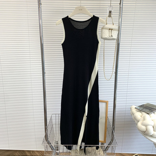 收腰显瘦设计感开叉无袖 长裙子 2023新款 撞色拼接背心连衣裙女夏季