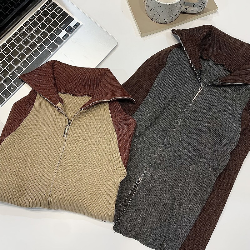 撞色插肩袖双拉链针织开衫