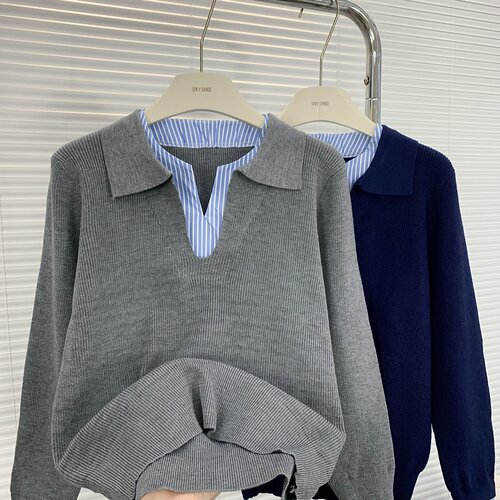 高级感假两件撞色拼接条纹针织衫