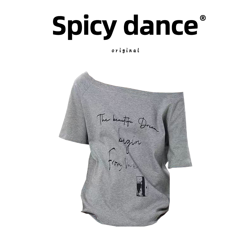 复古字母印花一字肩斜肩短袖女