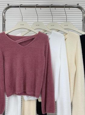 紫色v领水貂绒毛衣秋冬红茶风穿搭卡腰短款针织上衣女内搭打底衫