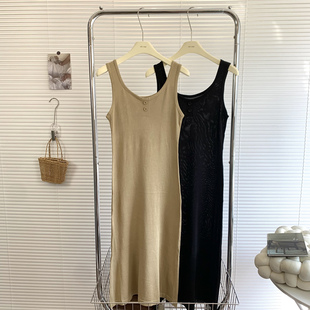针织连衣裙夏季2023年新款修身显瘦无袖背心长裙女装包臀吊带裙子