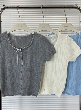 纯欲bm风蓝色蕾丝花边U领针织T恤短袖女夏季修身蝴蝶结小个子上衣