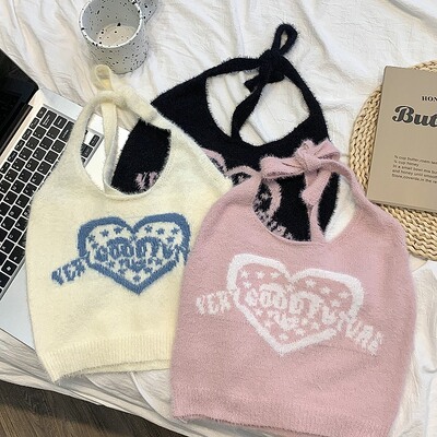 仿貂毛针织小吊带背心毛绒露腰