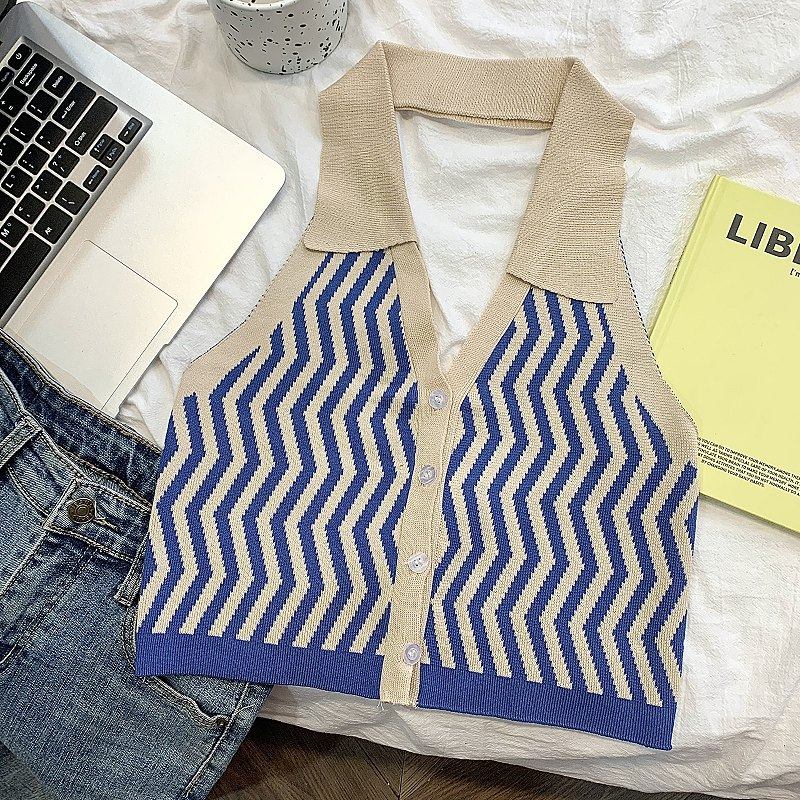 挂脖蓝色条纹翻领内搭抹胸上衣