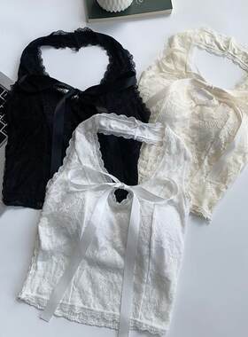 性感蕾丝边挂脖吊带背心春夏蝴蝶结带胸垫内搭上衣