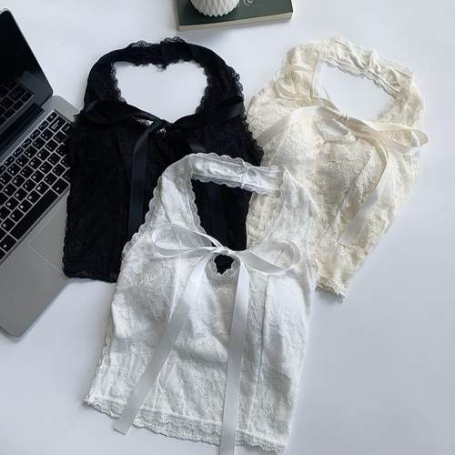 性感蕾丝边挂脖吊带背心春夏蝴蝶结带胸垫内搭上衣