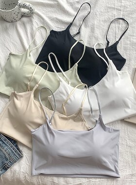 美背固定一体杯内衣女文胸夏季裸感冰丝抹胸U型调节吊带打底背心