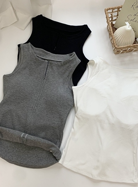 灰色拉链圆领无袖工字背心女2025夏季新款美式显瘦修身上衣外穿