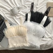 2024年夏季 上衣 气质纯欲吊带背心设计感网纱拼接收腰短款 新款 法式