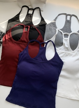 热辣欧美设计感灰色带胸垫吊带背心女内搭可外穿运动美背文胸一体