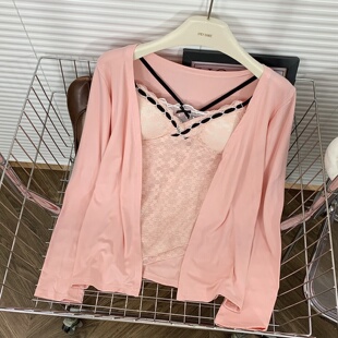 撞色格子花苞短裤 纯欲风薄款 秋季 外套蕾丝吊带背心女装 二件套 开衫