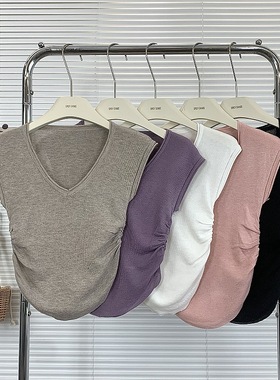 紫色v领短袖T恤女夏季弹力针织衫内搭纯欲风辣妹性感修身紧身上衣