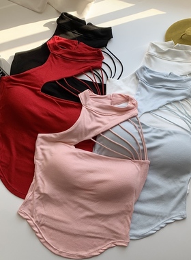 红色镂空挂脖吊带女夏季背心热辣妹修身不规则纯欲风性感上衣外穿