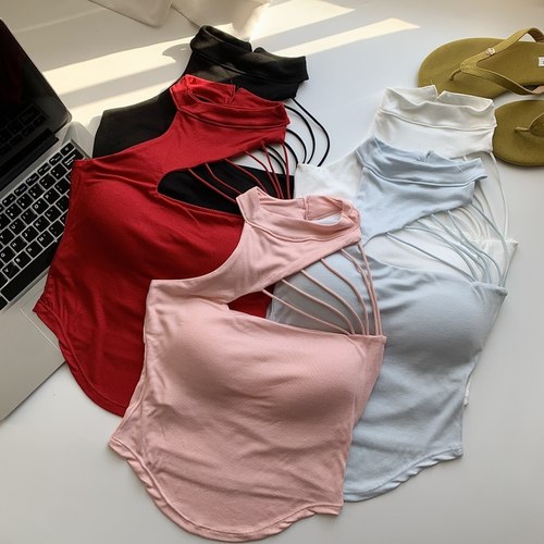 红色镂空挂脖吊带女夏季背心