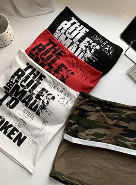 美式复古字母印花辣妹红色抹胸背心女夏季短款显瘦带胸垫外穿上衣