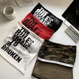 美式复古字母印花辣妹红色抹胸背心女夏季短款显瘦带胸垫外穿上衣