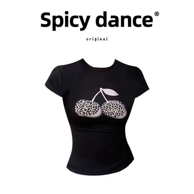 美式豹纹樱桃印花t恤女夏季短袖