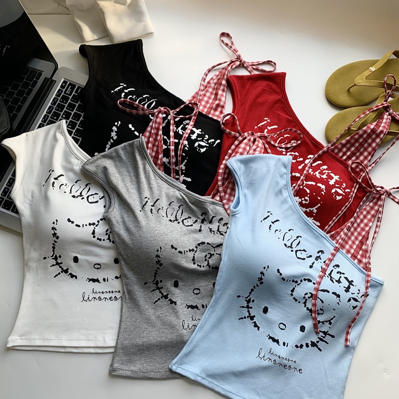 白色格子拼接kitty斜肩背心T恤女