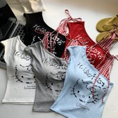 白色格子拼接kitty斜肩背心T恤女夏季 设计感小众露肩甜辣短款 上衣