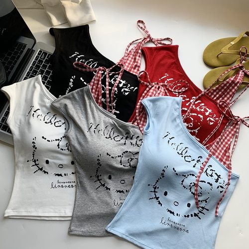 白色格子拼接kitty斜肩背心T恤女