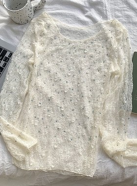 法式甜辣白色闪闪长袖蕾丝衫女夏季薄款防晒镂空罩衫薄纱辣妹上衣