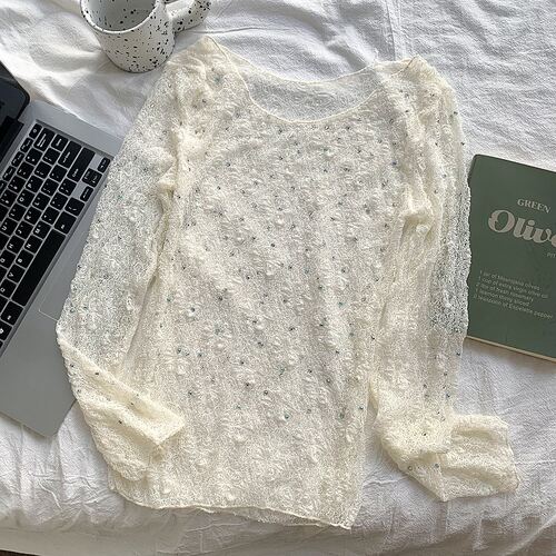 法式甜辣白色闪闪长袖蕾丝衫女夏季薄款防晒镂空罩衫薄纱辣妹上衣