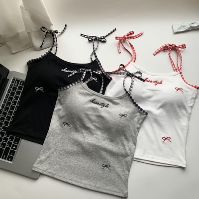 夏季新款米白拼红格蝴蝶结吊带背