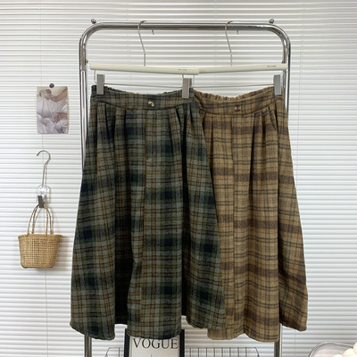 复古毛呢格纹半身裙女初秋季