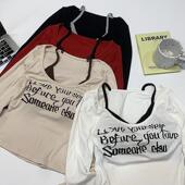 美式 上衣 长袖 辣妹字母印花假两件设计感T恤女秋短款 吊带叠穿修身