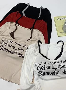 美式辣妹字母印花假两件设计感T恤女秋短款吊带叠穿修身长袖上衣