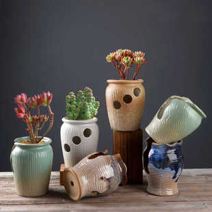 窑切口多洞变流釉多肉陶瓷花盆多孔多肉老桩家用陶瓷法师老桩花盆