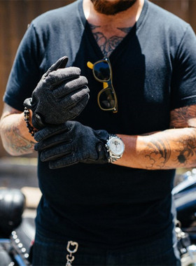 美国制造GRIFTER牛仔布咖啡复古摩托车春夏短款哈雷凯旋鹿皮手套