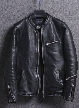 哈雷摩托机车男装植鞣头层绵羊皮夹克拉链 水洗做皱复古黑色皮衣