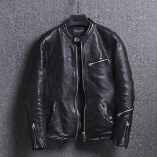 哈雷摩托机车男装 水洗做皱复古黑色皮衣 植鞣头层绵羊皮夹克拉链