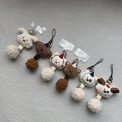 喵系风创意三扣多功能可拆卸毛球小动物手机壳垫片挂件钥匙包挂饰