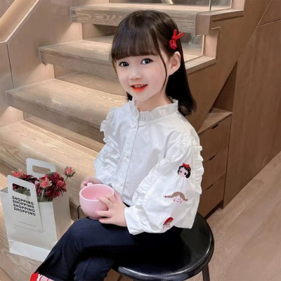 儿童衬衫女春秋长袖白色打底衫小女孩大翻领娃娃领上衣毛衣内搭