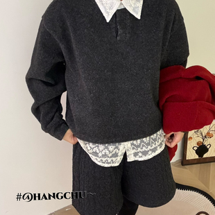 拼色假两件拼接蕾丝边卫衣5728 25冬季 百搭翻领长袖 时尚 韩版