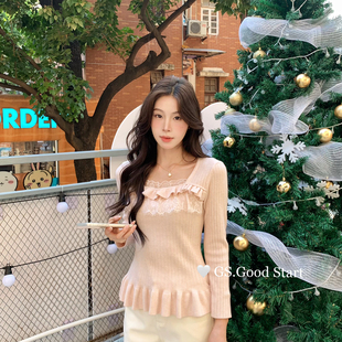 沙漏腰冬季 G7833 纯欲蕾丝拼接花边针织衫