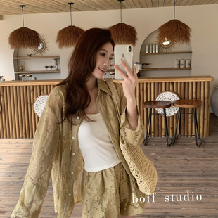 春上新高级感老钱风气质镂空衬衫+松紧腰显瘦短裤套装96013