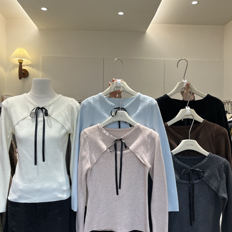 上新法式复古系带领口修身长袖针织衫YS1-3316