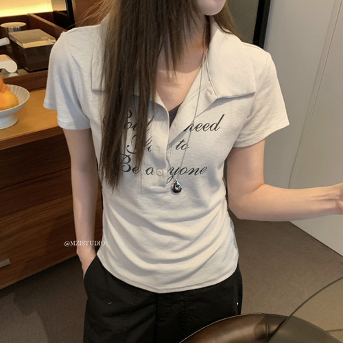 假两件字母印花polo小女人短袖T恤(只卖T恤)13221##