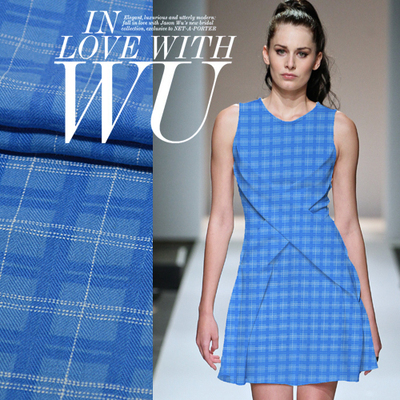 格子宽幅床品布料蓝色真丝棉