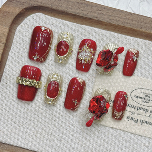 新年红宝石红色气质纯手工穿戴甲实拍显白精品法式美甲短款中杏仁