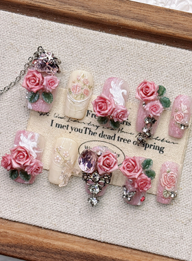 粉色樱花公主日常纯手工穿戴甲高级感美甲2026新年短梯方款杏仁甲