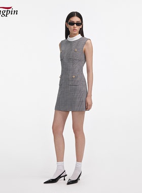 格纹短裙女 25春夏新款名媛优雅白色立领修腰贴袋黑白格a型连衣裙