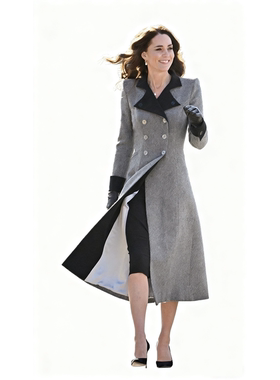 轻奢优雅风灰色羊绒大衣女中长款双排扣撞色修身翻袖口通勤外套女
