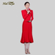 红色小礼服裙 秋新款 气质高雅V领订珠修腰显瘦主持年会气场鱼尾裙